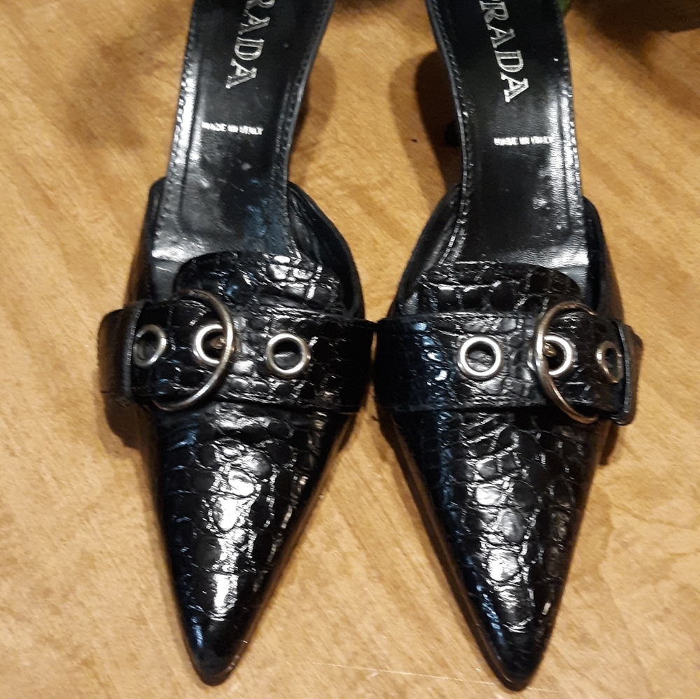 Prada Croc Leather Buckled Mules